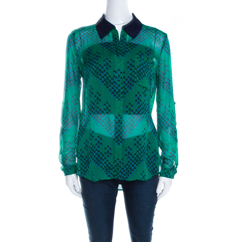Pre Owned Diane von Furstenberg Green Chevron Spot Printed Silk Georgette Lorelei Two Blouse S