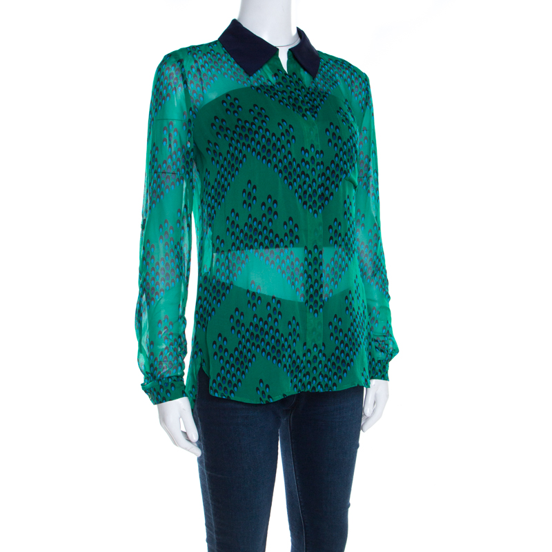 

Diane von Furstenberg Green Chevron Spot Printed Silk Georgette Lorelei Two Blouse