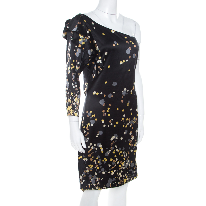 

Diane von Furstenberg Black and Yellow Printed Stretch Silk Asymmetric Cobb Dress