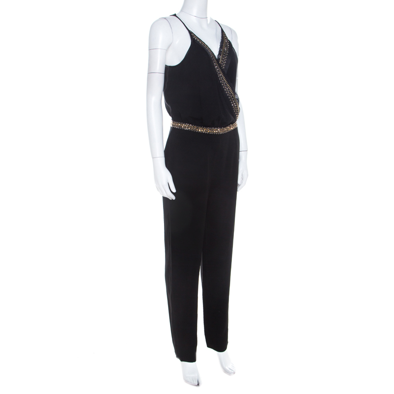 

Diane von Furstenberg Black Silk Crepe Crystal Embellished Bodice Caroline Jumpsuit