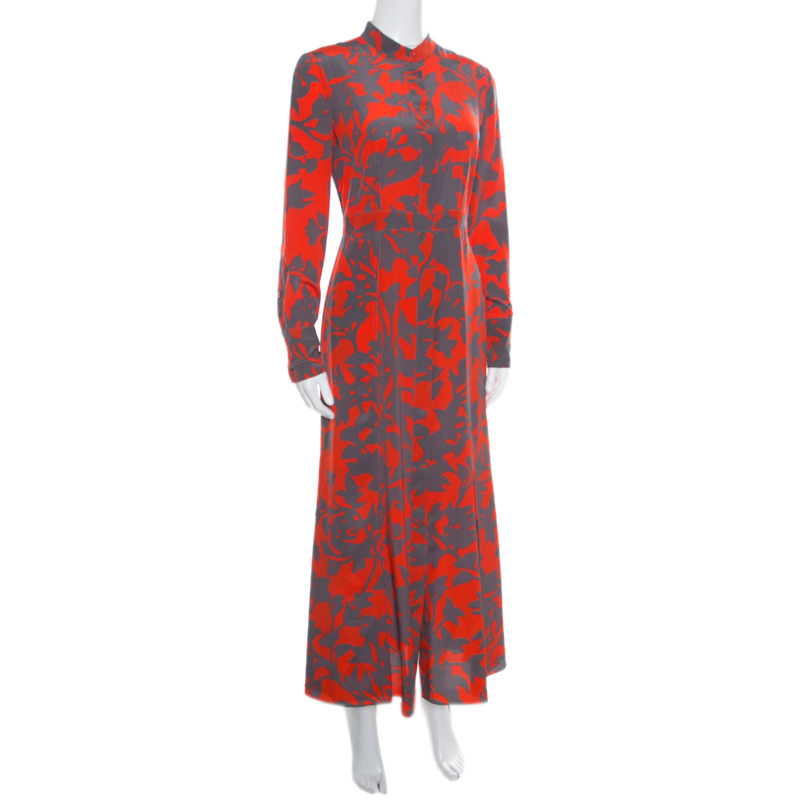 

Diane Von Furstenberg Orange and Grey Brulon Graphic Printed Silk Maxi Dress
