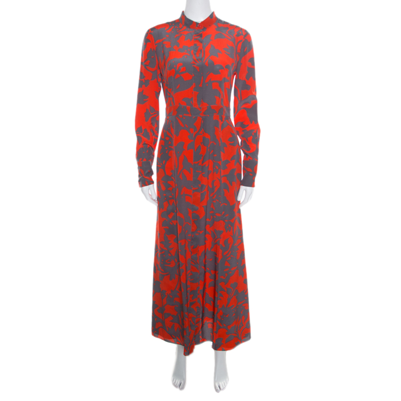 Diane Von Furstenberg Orange and Grey Brulon Graphic Printed Silk Maxi Dress S