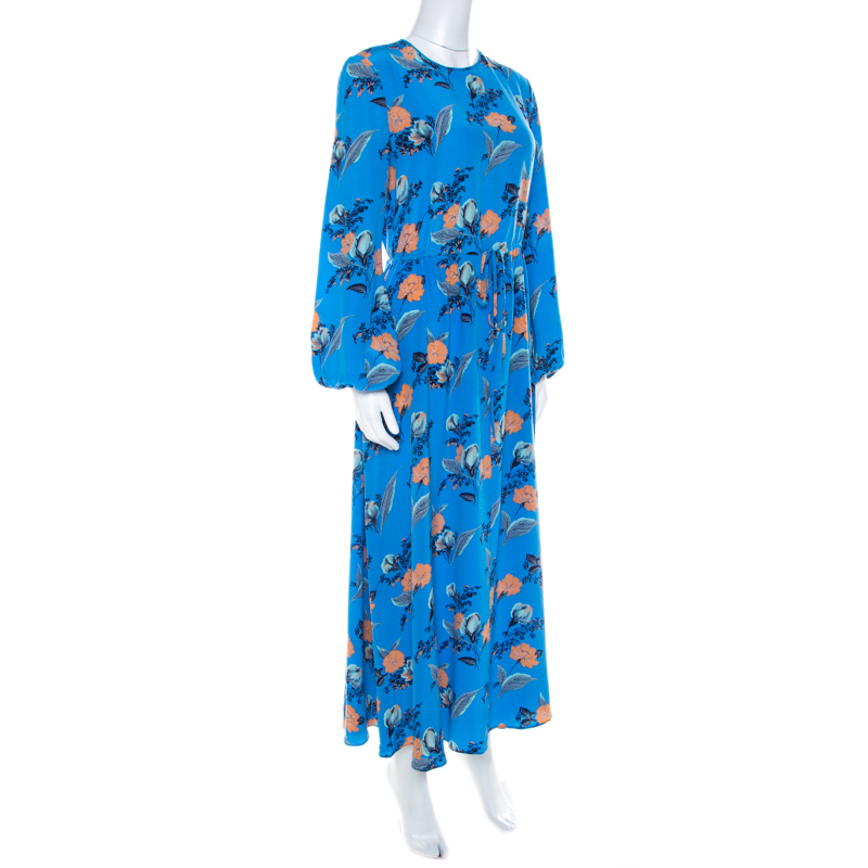 

Diane Von Furstenberg Blue Silk Mandarin Floral Print Maxi Dress