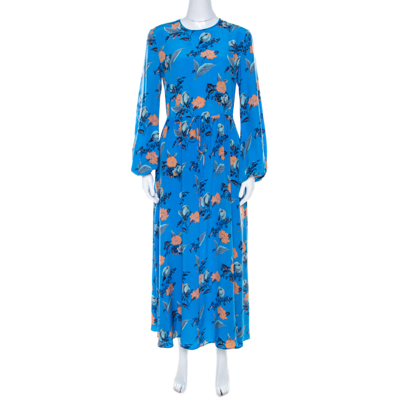 Pre Owned Diane Von Furstenberg Blue Silk Mandarin Floral Print Maxi Dress S 