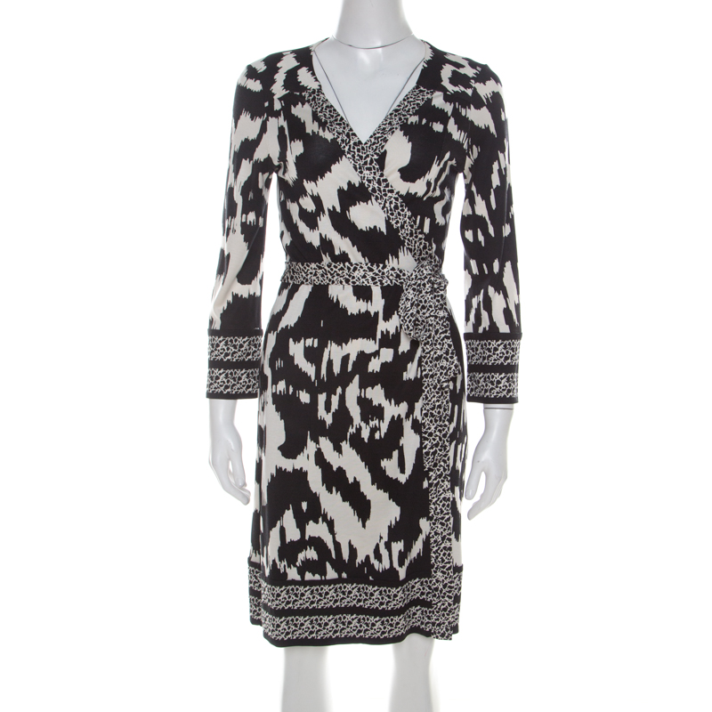 Pre Owned Diane Von Furstenberg Monochrome Printed Silk Jersey Tallulah Wrap Dress L 