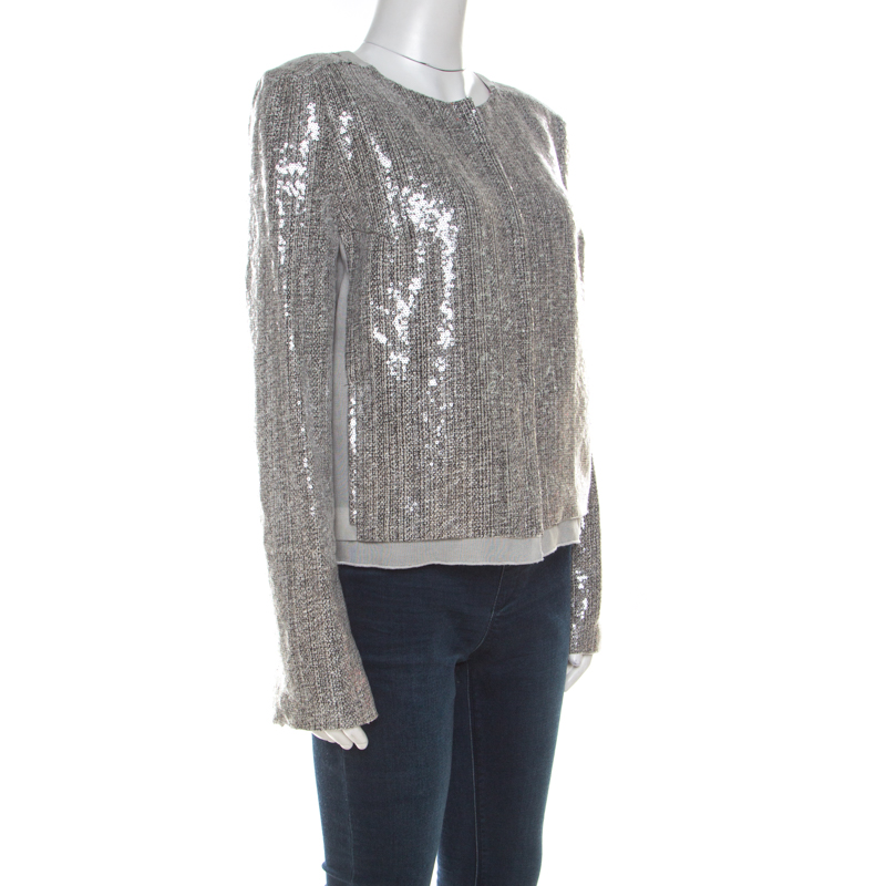 

Diane von Furstenberg Silver Sequin Embellished Tweed Tamali Jacket