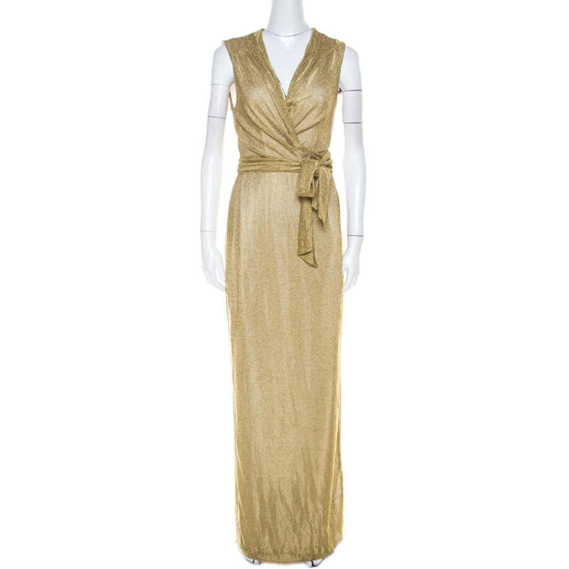 Diane Von Furstenberg Metallic Gold Knit Sleeveless Maxi Wrap Dress M ...