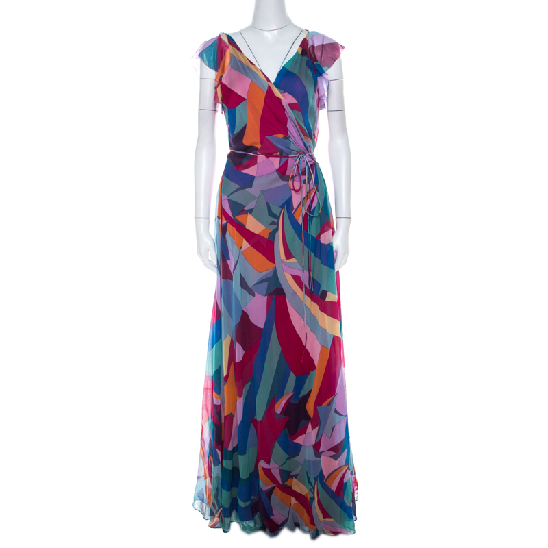 Pre Owned Diane Von Furstenberg Multicolor Silk Chiffon Maupiti Wrap Dress L
