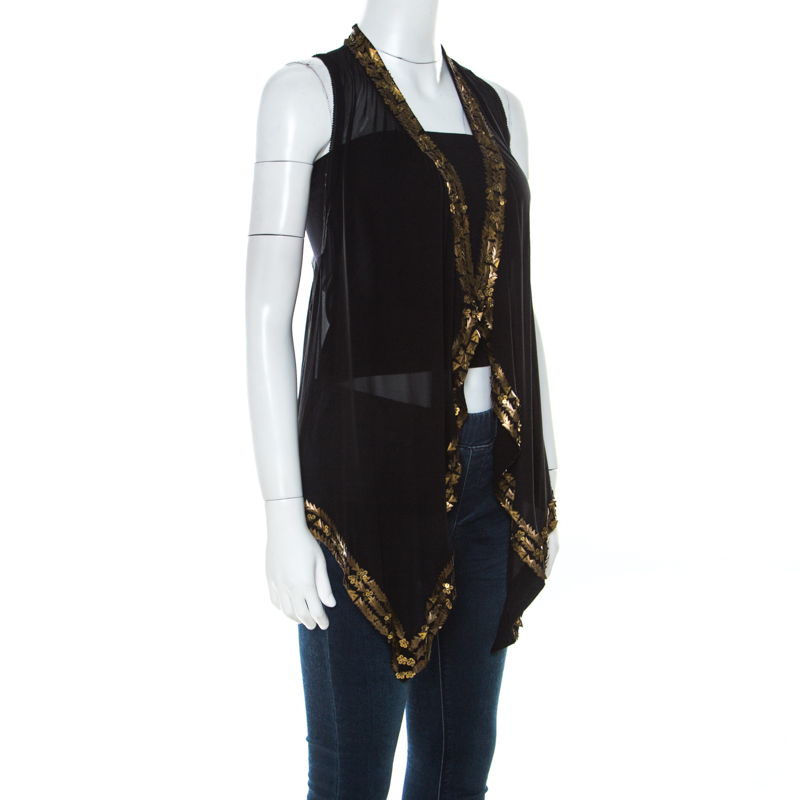 

Diane Von Furstenberg Black Silk Chiffon Gold Sequin Embellished Ellowyn Sleeveless Vest