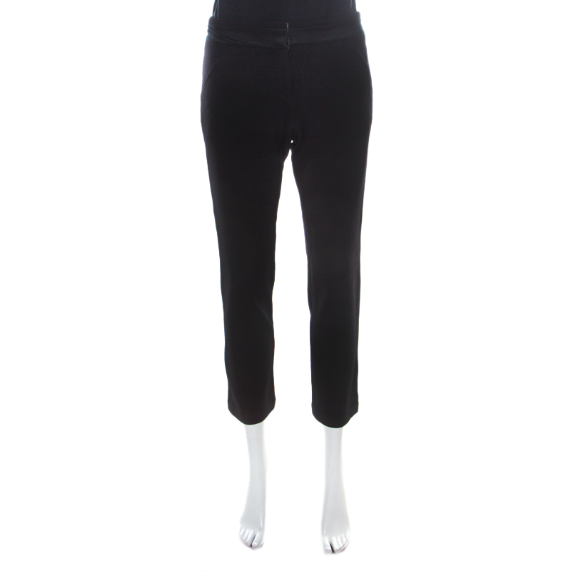Pre Owned Diane von Furstenberg Black Wool Knit Satin Trim Dean Cropped Trousers L