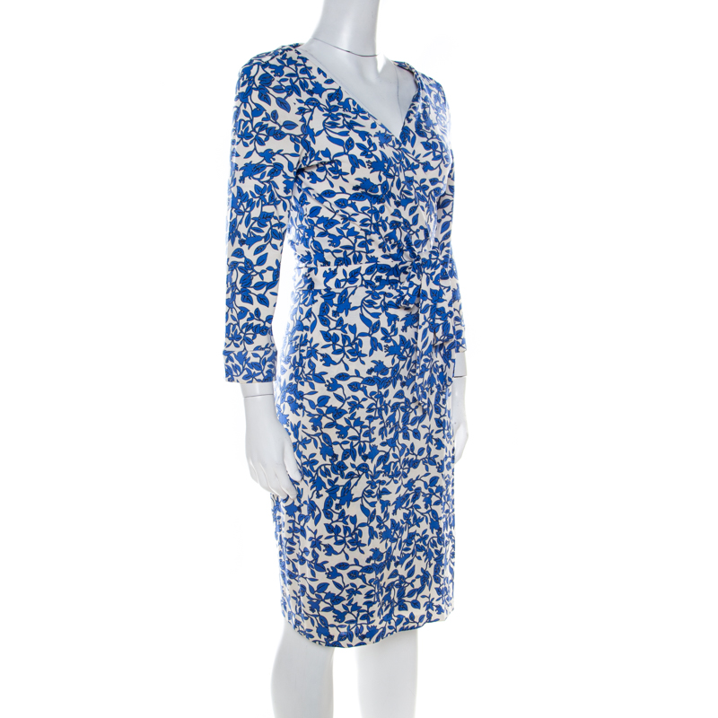 

Diane von Furstenberg Blue Floral Print Silk Jersey Wrap Dress