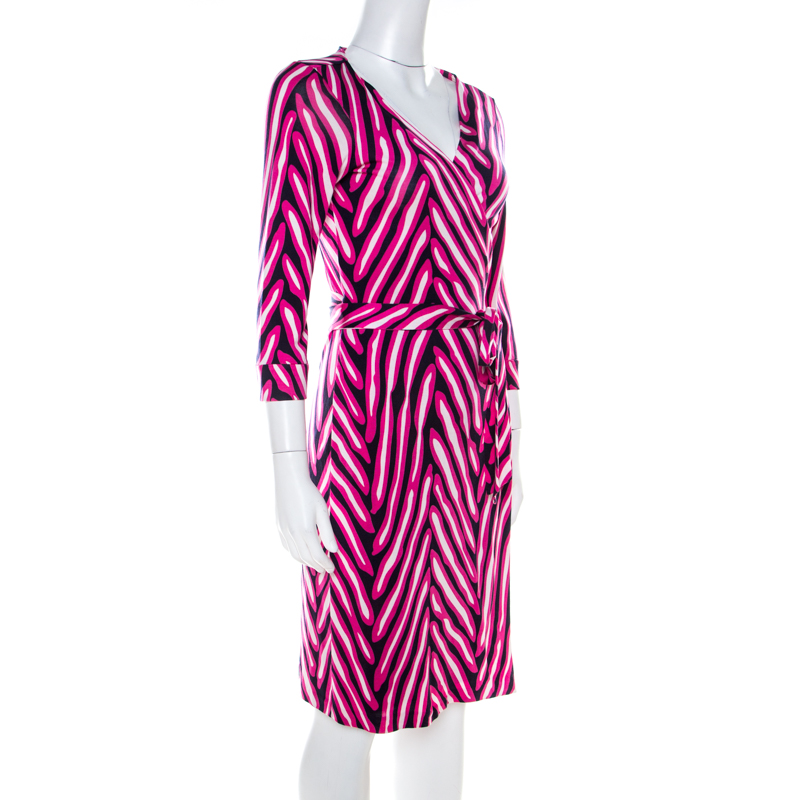 

Diane von Furstenberg Pink and Blue Striped Silk New Julian Wrap Dress