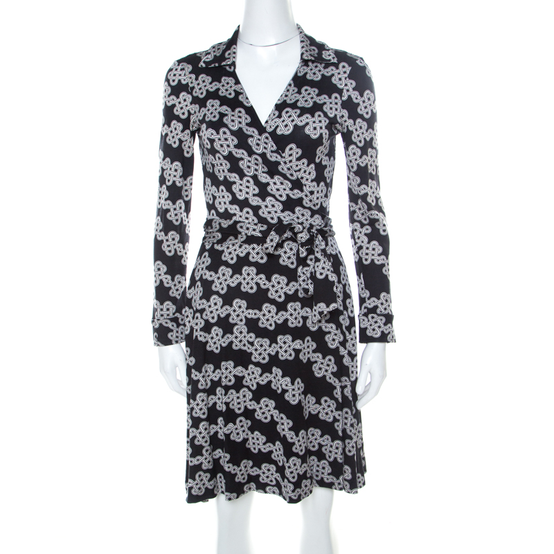 Diane Von Furstenburg Black & White Love Knot Print T72 Wrap Dress M ...