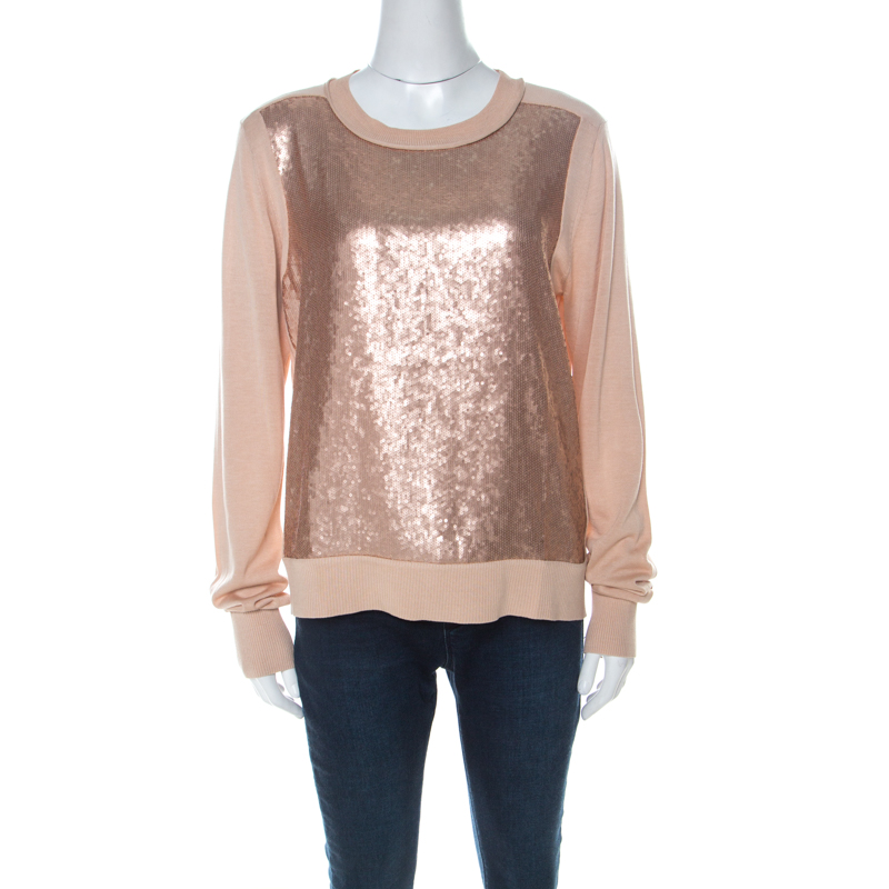Pre Owned Diane Von Furstenberg Blush Pink Sequinned Silk Full Sleeve Blend Jersey Top L