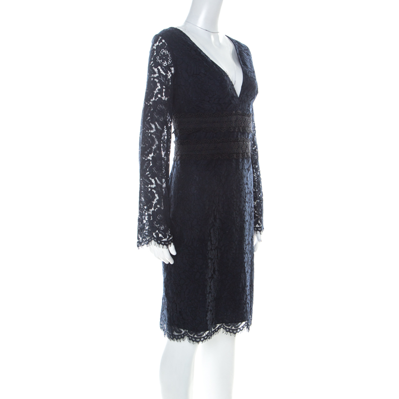 

Diane von Furstenberg Deep Night Blue Lace Plunge Neck Long Sleeve Viera Dress, Navy blue