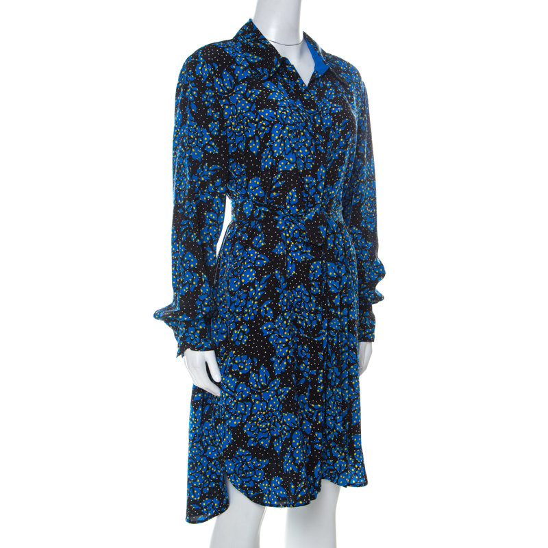 

Diane von Furstenberg Black & Cobalt Blue Floral Print Silk Belted Shirt Dress