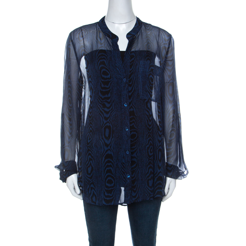 Pre Owned Diane von Furstenberg Dark Blue & Black Woodgrain Print Silk Chiffon Buttoned Gilmore Blouse L