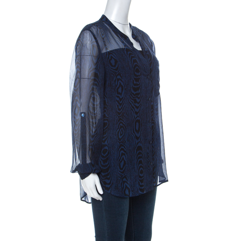 

Diane von Furstenberg Dark Blue & Black Woodgrain Print Silk Chiffon Buttoned Gilmore Blouse