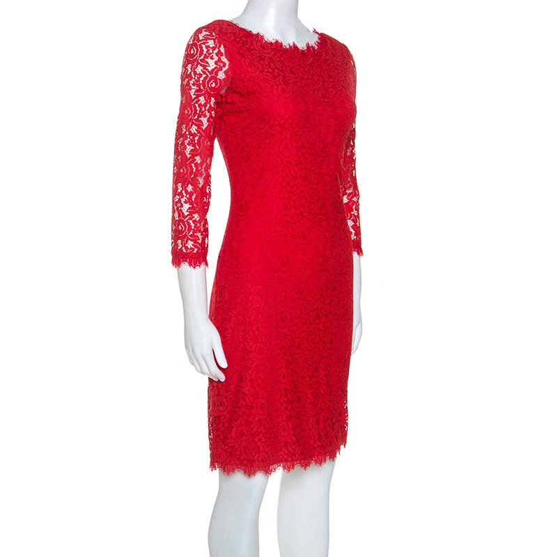 

Diana Von Furstenberg Poppy Red Lace Colleen Long Sheath Dress