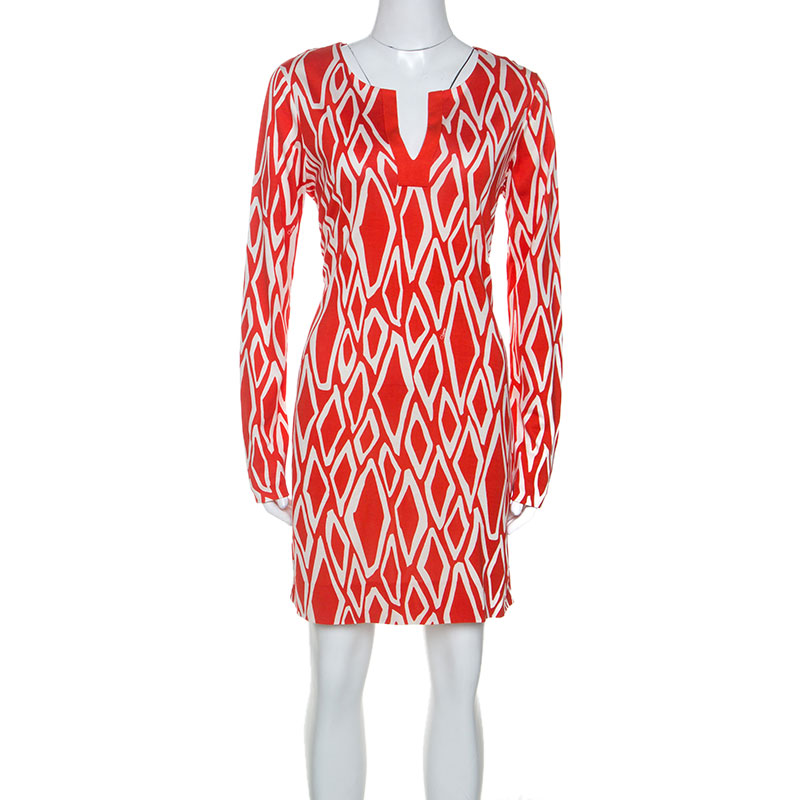 Pre Owned Diane Von Furstenberg Red Printed Silk Jersey Reina Tunic Dress L