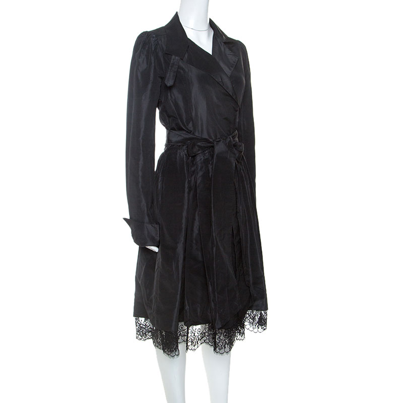 

Diane Von Furstenberg Black Silk Taffeta Lace Trim Costa Wrap Dress