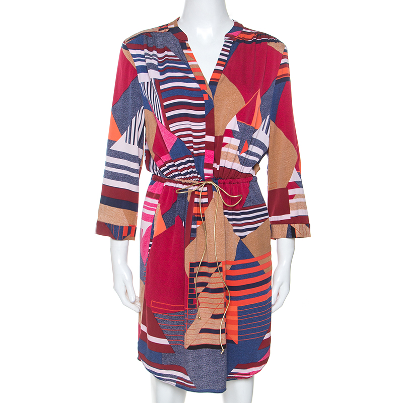 Pre Owned Diane Von Furstenberg Multicolor Geometric Print Silk Freya Dress L