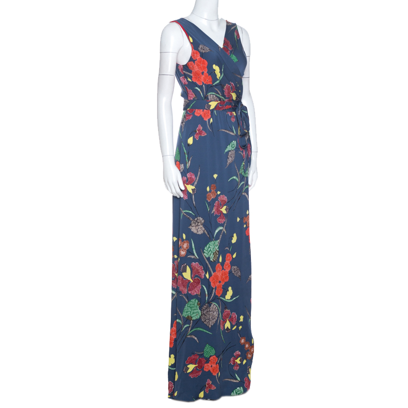 

Diane Von Furstenberg Blue Floral Print Sleeveless Wrap Maxi Dress