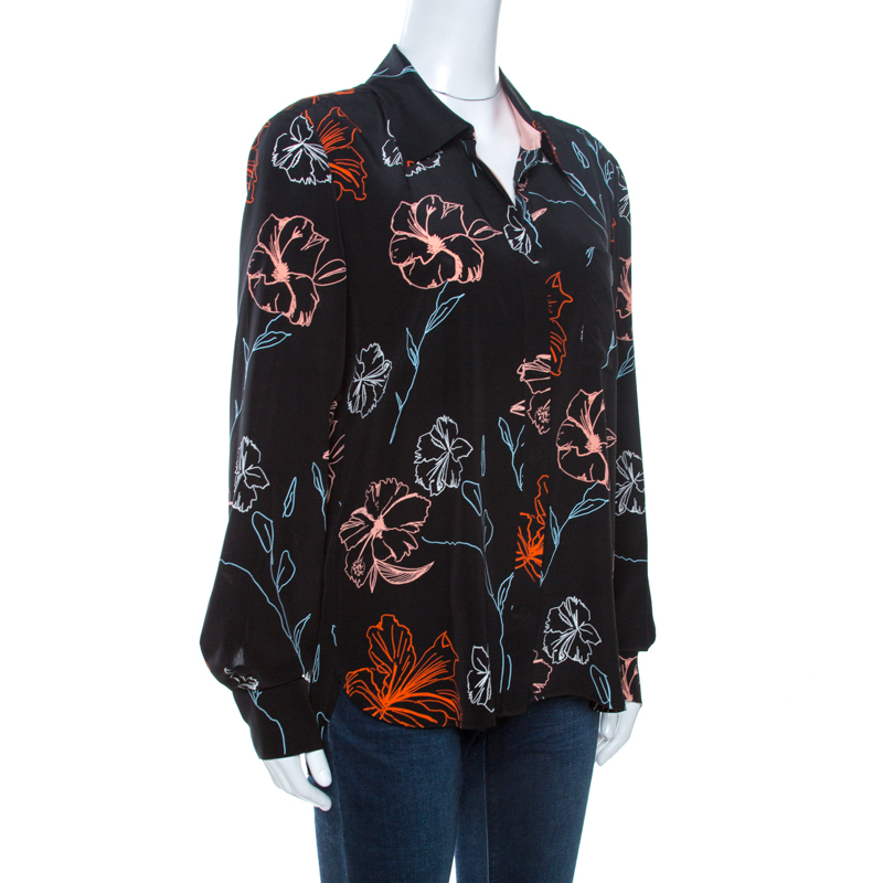 

Diane Von Furstenberg Black Floral Printed Silk Shirt