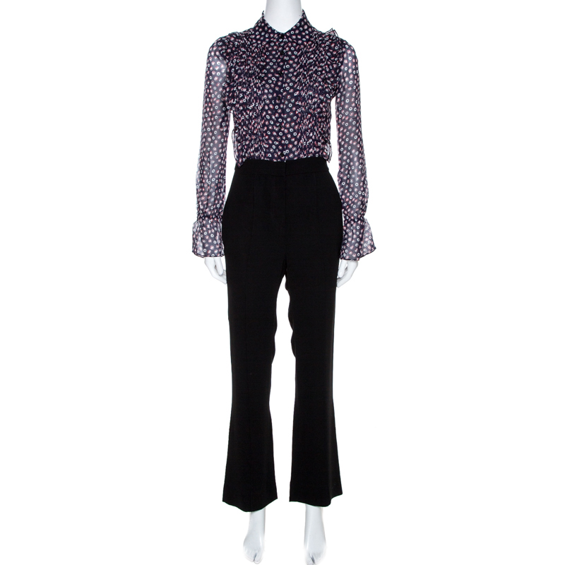 Pre Owned Diane von Furstenberg Black Printed Silk Ruffled Ariella Jumpsuit XS
