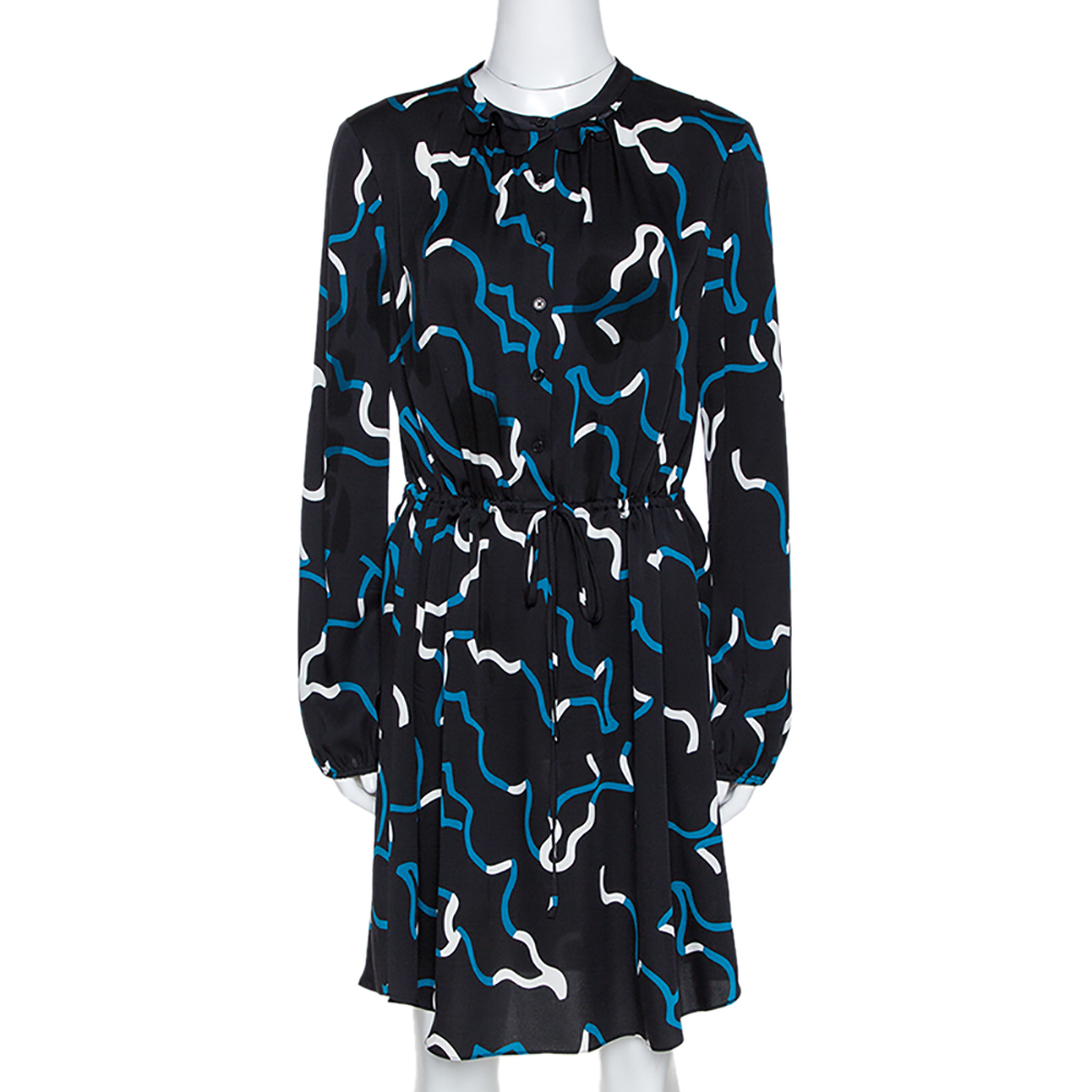 Click to view more detailed imagery on our partner's website Diane Von Furstenberg Diane Von Furstenburg Black And Blue Silk Printed Lindi Dress M