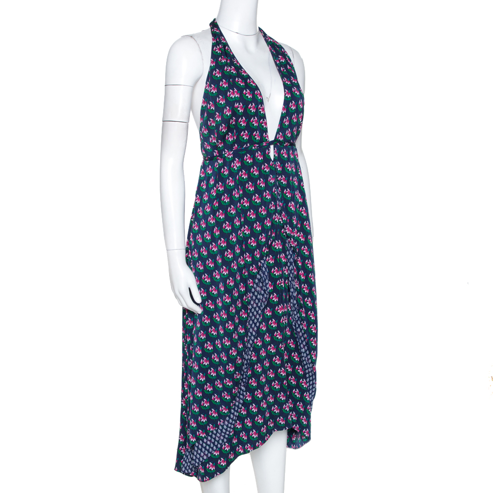 

Diane Von Furstenberg Navy Blue Zen Floral Print Silk Leyland Halter Dress