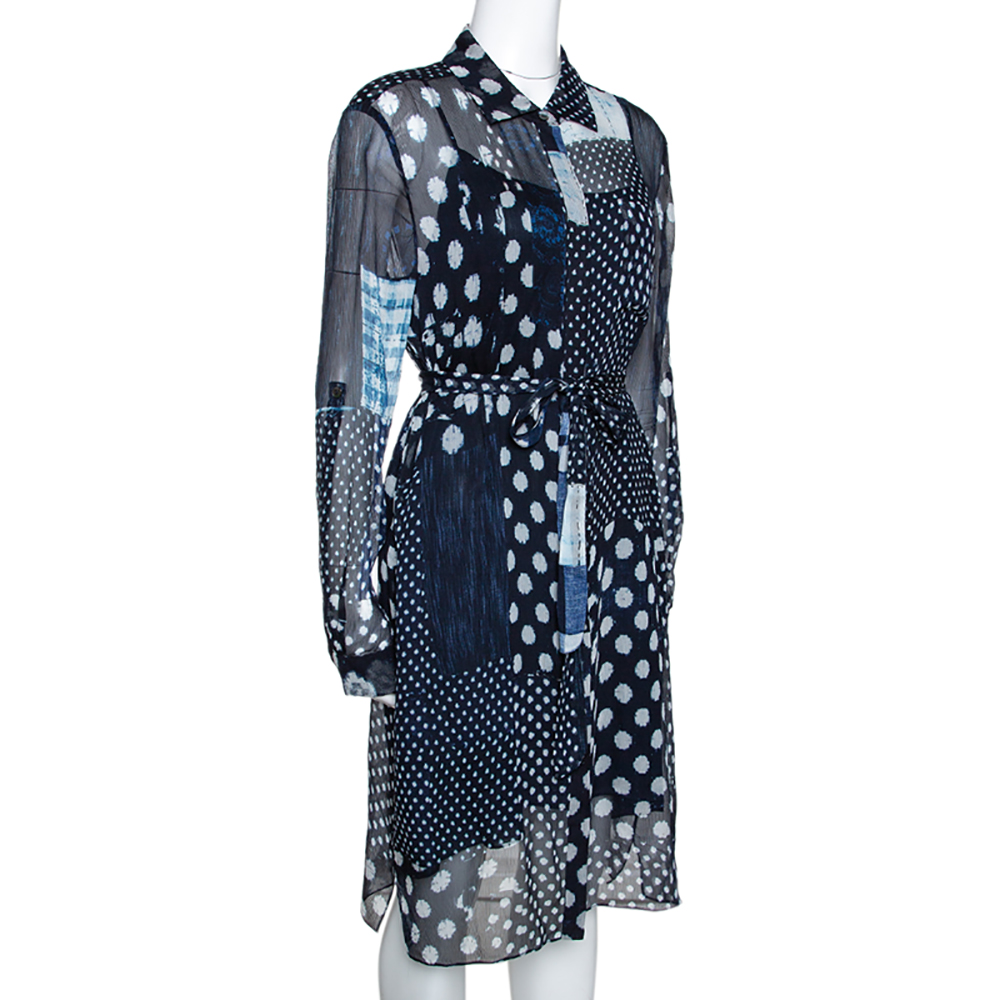 

Diane Von Furstenberg Indigo Patchwork Print Silk Prita Long Shirt Dress, Blue