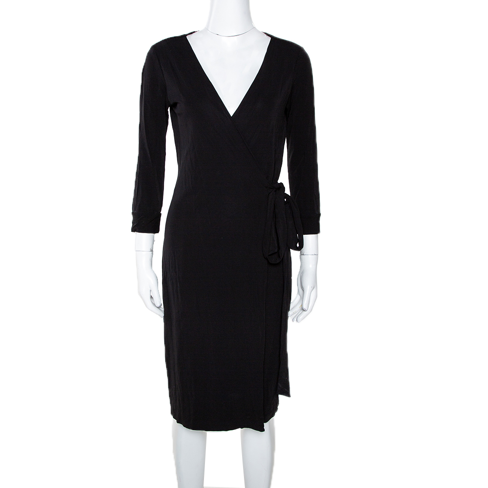 Pre Owned Diane von Furstenberg Black Jersey New Julian Two Wrap Dress M