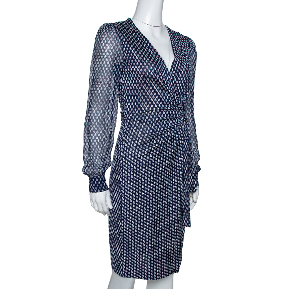 

Diane Von Furstenberg Navy Blue Printed Silk Sigourney Two Wrap Dress