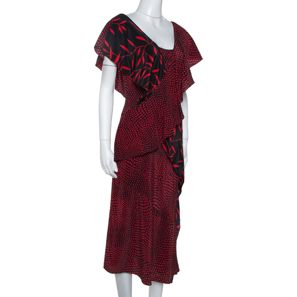 

Diane Von Furstenberg Red Printed Silk Cross Over Ruffle Detail Midi Dress