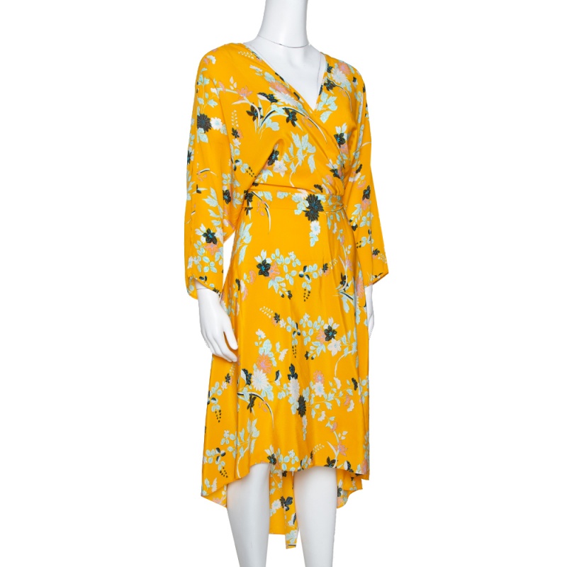 

Diane von Furstenberg Yellow Floral Print Silk Eloise Wrap Dress
