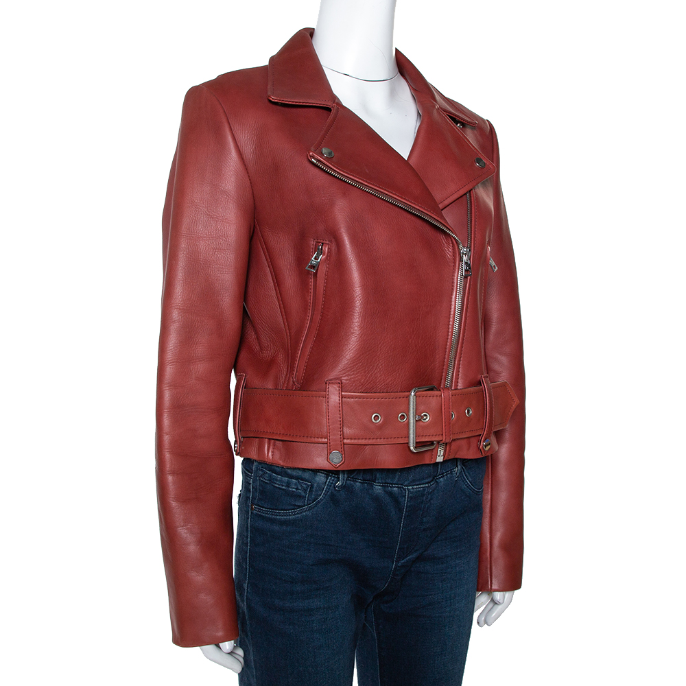 

Diane von Furstenberg Wine Red Leather Cropped Biker Jacket