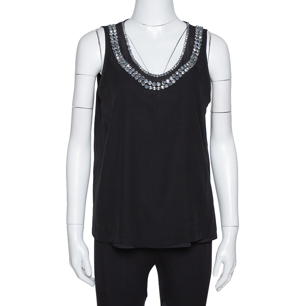 

Diane Von Furstenberg Black Crystal Embellished Silk Ade Top