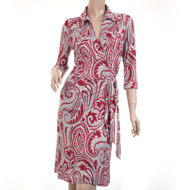 Pre Owned Diane Von Furstenberg Red Canyon Paisley Printed Mary Jo Wrap Dress L