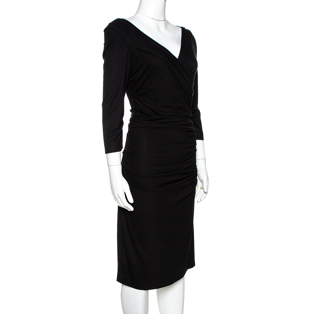 

Diane Von Furstenberg Black Jersey Ruched Bentley Three Quarter Dress