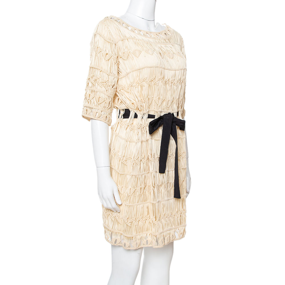 

Diane von Furstenberg Cream Crochet Macrame Solar Belted Dress