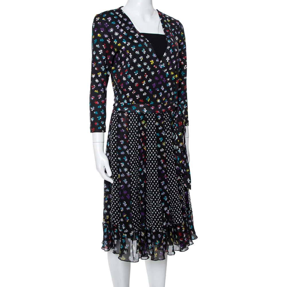 

Diane von Furstenberg Floral & Dot Print Paneled Caprice Wrap Dress, Black