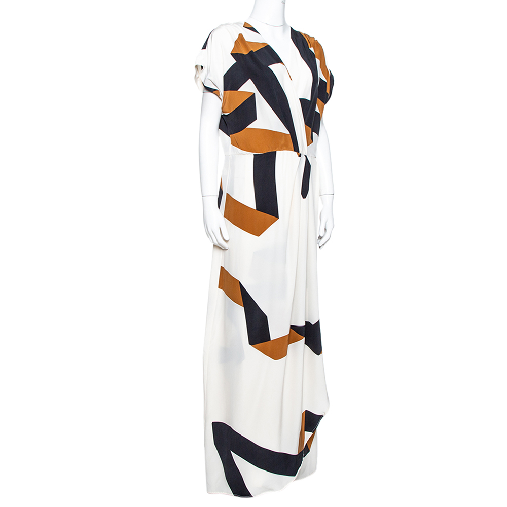 

Diane Von Furstenberg Cream Ribbon Print Silk Ethyl Maxi Dress