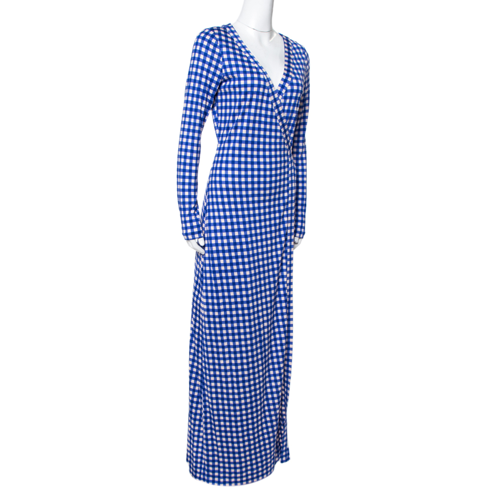 

Diane Von Furstenberg Blue Gingham Silk Jersey New Julian Wrap Dress