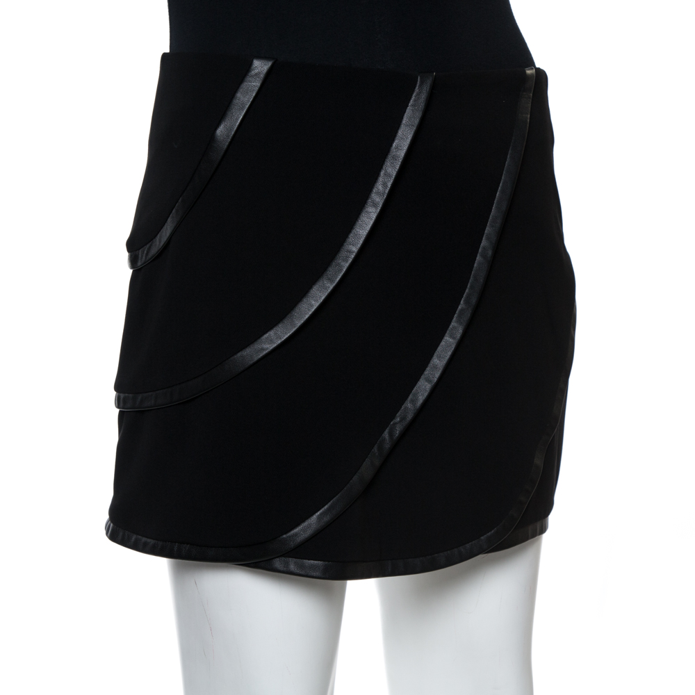 

Diane Von Furstenberg Black Silk and Leather Trim Karina Mini Skirt