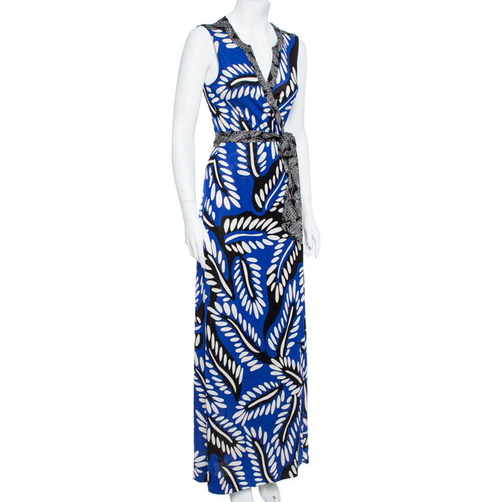 

Diane von Furstenberg Blue Printed Silk Jersey Orchid Maxi Wrap Dress