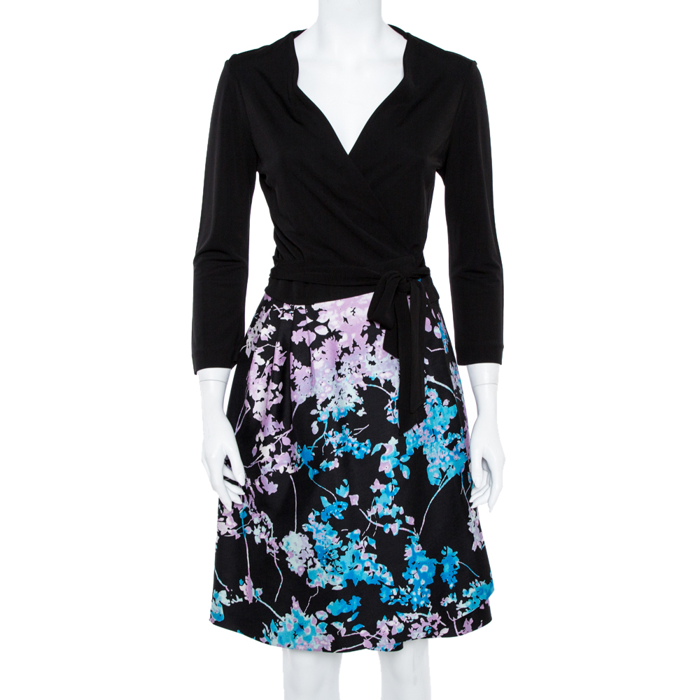 DIANE VON FURSTENBERG DIANE VON FURSTENBERG BLACK WOOL SILK BLEND FLORAL PRINT WRAP DRESS L