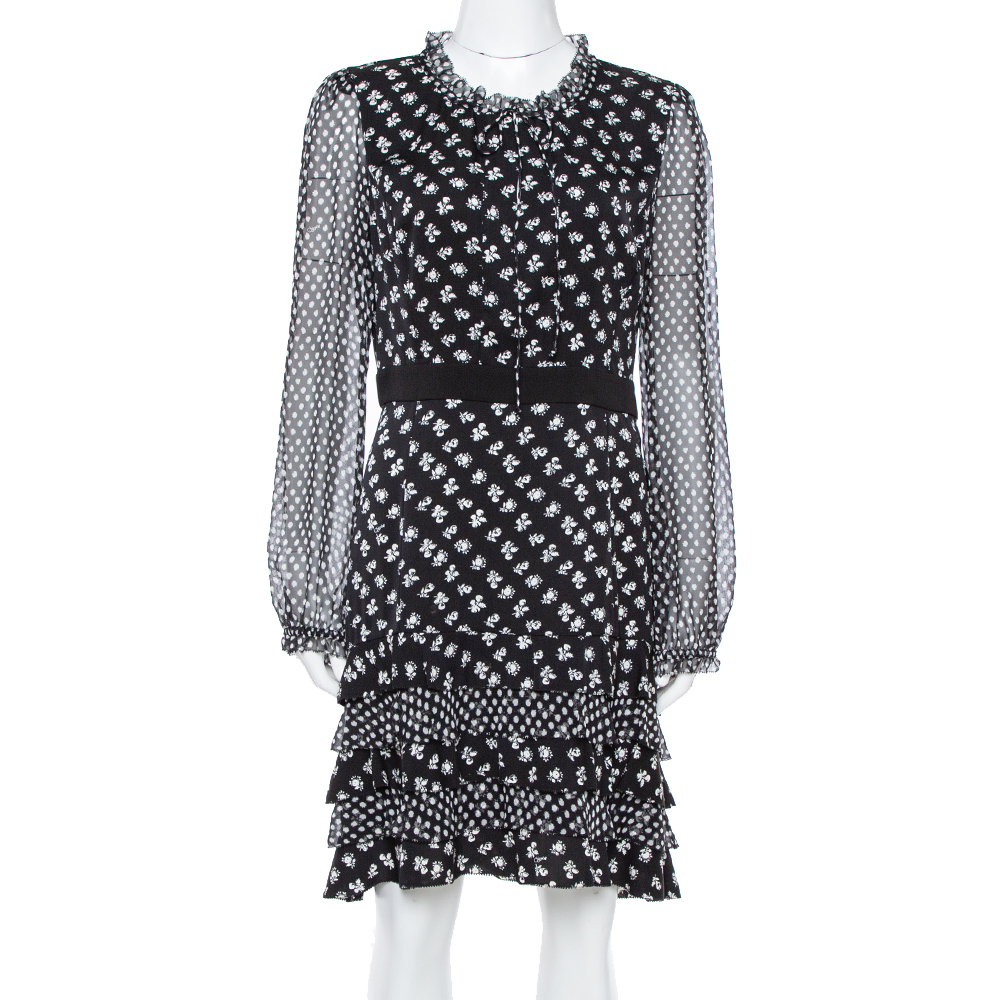 Pre-owned Diane Von Furstenberg Monochrome Floral Printed Silk & Ruffle Detail Fionna Maxi Dress L In Black