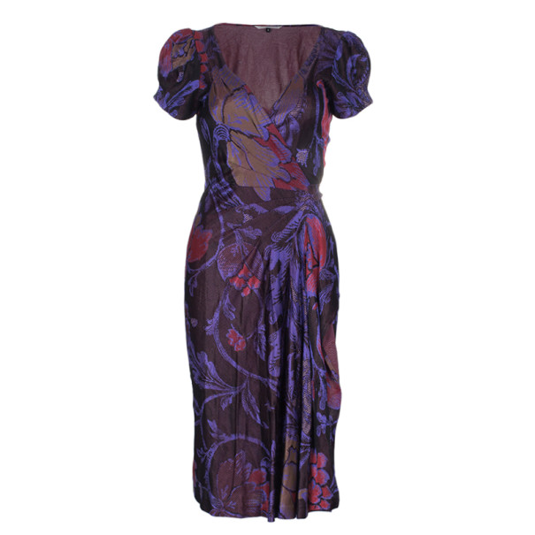 Pre Owned Diane Von Furstenberg Burgundy Floral Print Wrap Dress M