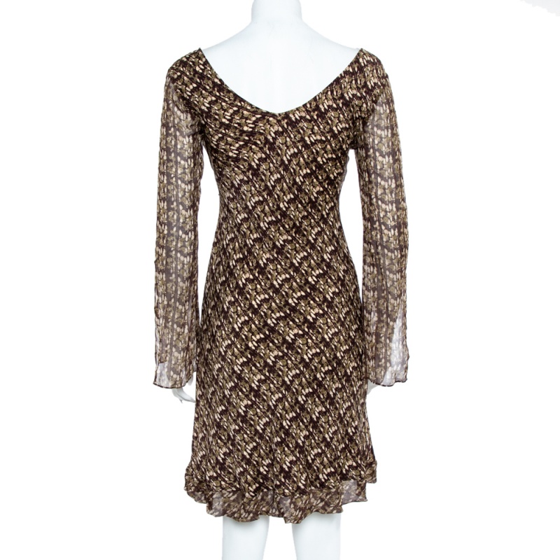 

Diane Von Furstenberg Green & Brown Abstract Printed Chiffon Flared Midi Dress